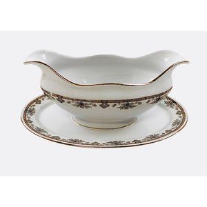 Royal Beyreuth Gravy Boat Bavaria Porcelain Gold Trim Floral Attached Underplate